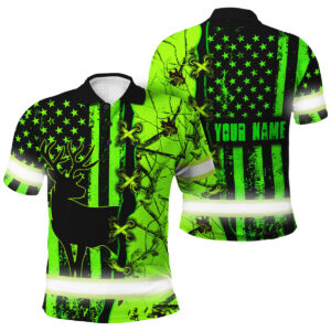 Custom Hi Vis Polo Shirt Featuring Deer Hunting Camo Green Neon And US Flag