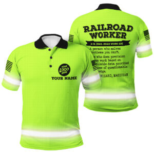 Green Neon Hi Vis Polo With Railroad Worker Definition And Custom Name, Logo