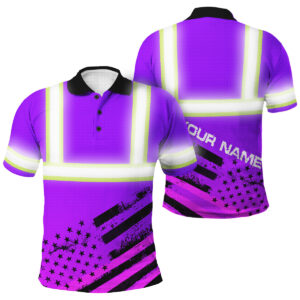 Violet Neon Hi Vis Polo Shirt With USA Flag And Custom Name – Patriotic Style