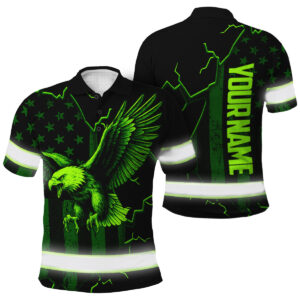 Hi Vis Polo Shirt - Green Neon Veteran Eagle US Flag Scratch, Custom Name Safety Workwear