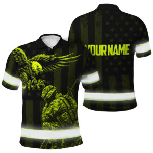 Hi Vis Polo Shirt - Lime Neon Veteran Eagle US Flag, Custom Name
