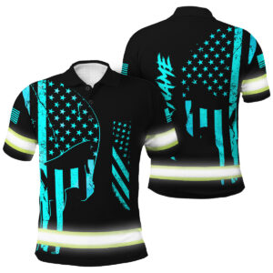 Hi Vis Polo Shirt - Blue Neon Skull Flag, Custom Name For Skull Lover, Patriotic