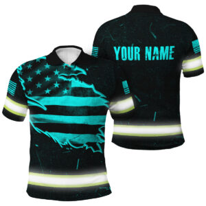 Hi Vis Polo Shirt with US Flag Scratch - Custom Name Blue Neon Safety Workwear