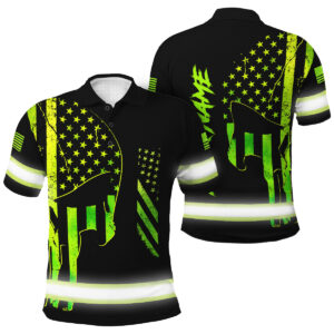Hi Vis Polo Shirt - Green Neon Skull Flag, Custom Name For Skull Lover, Patriotic