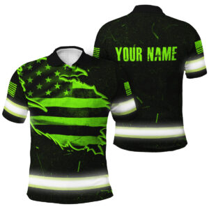 Hi Vis Polo Shirt with US Flag Scratch - Custom Name Green Neon Safety Workwear