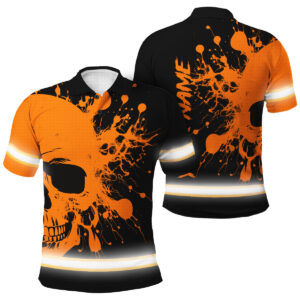 Custom Name Hi Vis Polo Shirt - Orange Neon Skull Paint Flakes Safety Workwear