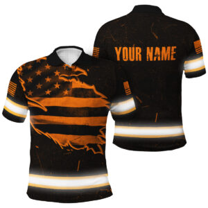 Hi Vis Polo Shirt - Safety Workwear with Custom Name And Orange Neon US Flag Scratch