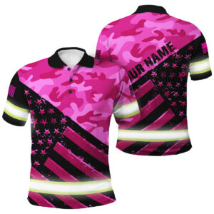 Hi Vis Polo Shirt - Pink Camo US Flag, Custom Name Included