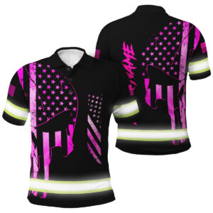Hi Vis Polo Shirt - Pink Neon Skull Flag, Custom Name For Skull Lover, Patriotic