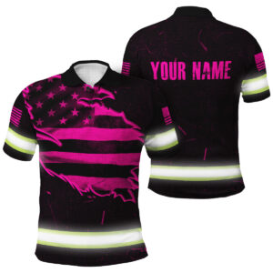 Custom Hi Vis Polo Shirt Safety Workwear - US Flag Scratch Pink Neon