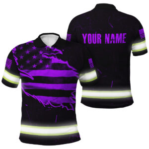 Safety Workwear Hi Vis Polo Shirt - Custom Name And Violet Neon US Flag Scratch
