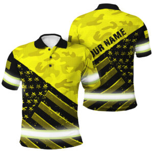 Hi Vis Polo Shirt - Yellow Camo US Flag, Custom Name Option