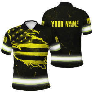 Custom Name Hi Vis Polo Shirt - Yellow Neon US Flag Scratch Safety Workwear