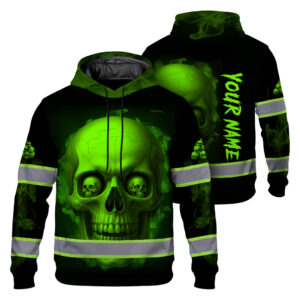 Hi Vis Hoodie Reflective Tapes Gradient Green Neon Skull Smoke Custom Name