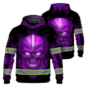 Hi Vis Hoodie Reflective Tapes Gradient Violet Neon Skull Fire Custom Name