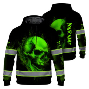 Hi Vis Hoodie Reflective Tapes Green Neon Skull 6 Custom Name