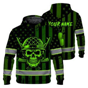 Hi Vis Hoodie Reflective Tapes Green Neon Skull Gun US Flag
