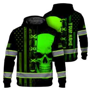 Hi Vis Hoodie Reflective Tapes Green Neon Skull Scratch 4 Custom Name