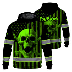 Hi Vis Hoodie Reflective Tapes Green Neon Skull US Flag 2 Custom Name