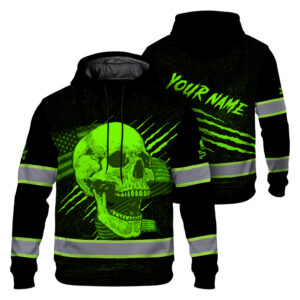 Hi Vis Hoodie Reflective Tapes Green Skull And US Flag