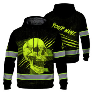 Hi Vis Hoodie Reflective Tapes Lime Skull And US Flag