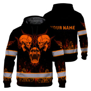 Hi Vis Hoodie Reflective Tapes Orange Neon Skull 3 Custom Name