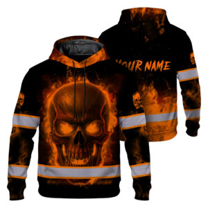Hi Vis Hoodie Reflective Tapes Orange Neon Skull Fire 3 Custom Name