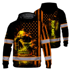 Hi Vis Hoodie Reflective Tapes Orange Neon Skull Scratch US Flag Custom Name