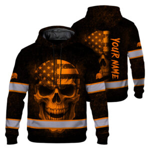 Hi Vis Hoodie Reflective Tapes Orange Neon Skull US Flag 3 Custom Name
