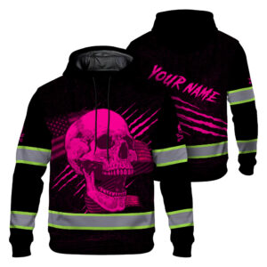 Hi Vis Hoodie Reflective Tapes Pink Skull And US Flag