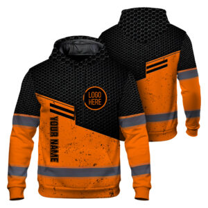 Hi Vis Hoodie Reflective Tapes Uniform Black Orange Neon 3 Custom Name And Logo Safety Workwear For Workers, Teams, Group, Company