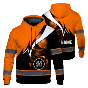Hi Vis Hoodie Reflective Tapes Uniform Black Orange Neon Skull Custom Name And Logo Safety Workwear For Workers, Teams, Group, Company
