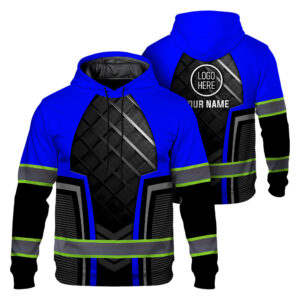 Hi Vis Hoodie Reflective Tapes Uniform Blue Neon 2 Custom Name And Logo Safety Workwear For Workers, Teams, Group, Company