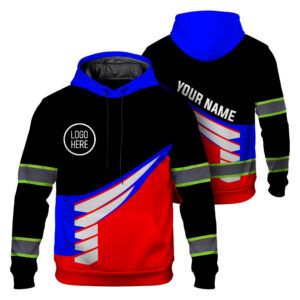 Hi Vis Hoodie Reflective Tapes Uniform Blue Neon And Red Custom Name And Logo Safety Workwear For Workers, Teams, Group, Company