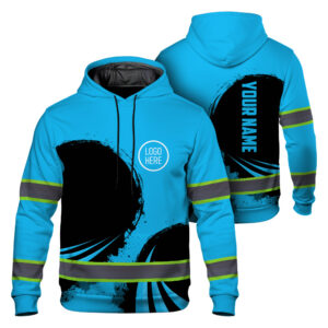 Hi Vis Hoodie Reflective Tapes Uniform Blue Neon Custom Name And Logo Safety Workwear For Teams, Group, Company