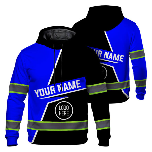 Hi Vis Hoodie Reflective Tapes Uniform Blue Neon Custom Name And Logo Safety Workwear For Workers, Teams, Group, Company 1