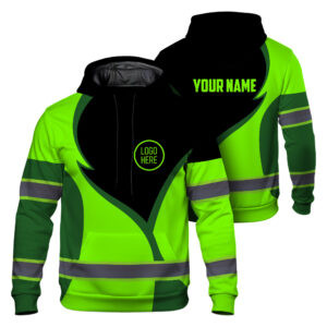 Hi Vis Hoodie Reflective Tapes Uniform Green Neon 3 Custom Name And Logo Safety Workwear For Workers, Teams, Group, Company