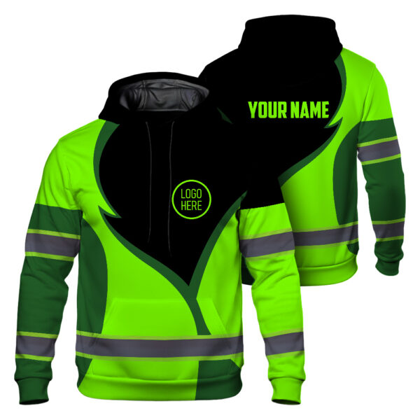 Hi Vis Hoodie Reflective Tapes Uniform Green Neon 3 Custom Name And Logo Safety Workwear For Workers, Teams, Group, Company 1