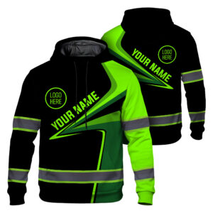 Hi Vis Hoodie Reflective Tapes Uniform Green Neon 4 Custom Name And Logo Safety Workwear For Workers, Teams, Group, Company