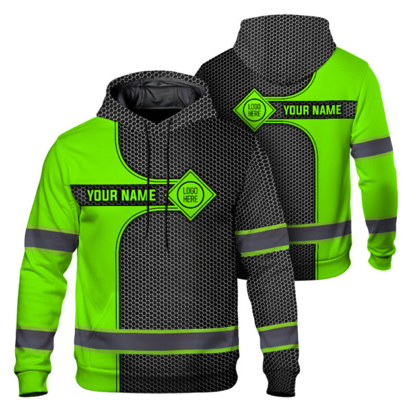 Hi Vis Hoodie Reflective Tapes Uniform Green Neon And Grey Custom Name And Logo Safety Workwear For Workers, Teams, Group, Company 1