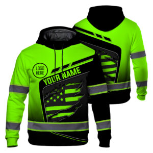 Hi Vis Hoodie Reflective Tapes Uniform Green Neon With US Flag Custom Name And Logo Safety Workwear For Workers, Teams, Group, Company