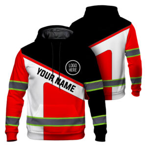 Hi Vis Hoodie Reflective Tapes Uniform Red Neon Custom Name And Logo Safety Workwear For Workers, Teams, Group, Company