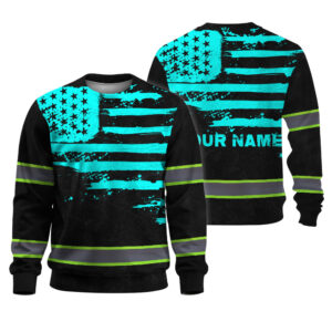 Hi Vis Long Sleeve Shirt Reflective Tapes Blue Neon US Flag Custom Name