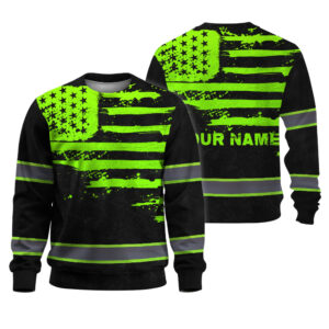 Hi Vis Long Sleeve Shirt Reflective Tapes Green Neon US Flag Custom Name