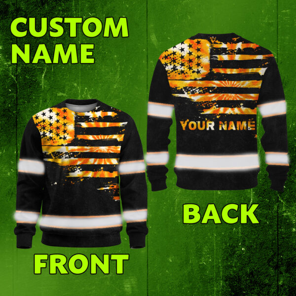 Hi Vis Long Sleeve Shirt Reflective Tapes Orange Tie Dye US Flag Custom Name-size