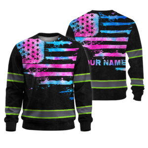 Hi Vis Long Sleeve Shirt Reflective Tapes Pink Blue Tie Dye US Flag Custom Name