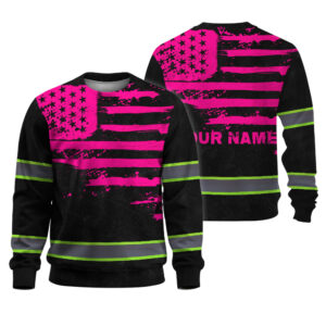 Hi Vis Long Sleeve Shirt Reflective Tapes Pink Neon US Flag Custom Name