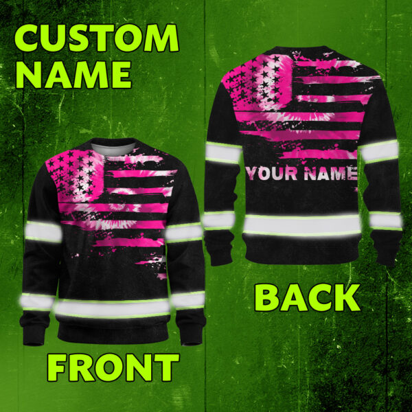 Hi Vis Long Sleeve Shirt Reflective Tapes Pink Tie Dye US Flag Custom Name - custom name