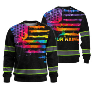 Hi Vis Long Sleeve Shirt Reflective Tapes Rainbow Tie Dye US Flag Custom Name