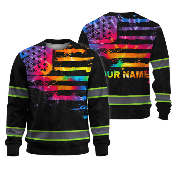 Hi Vis Long Sleeve Shirt Reflective Tapes Rainbow Tie Dye US Flag Custom Name 1